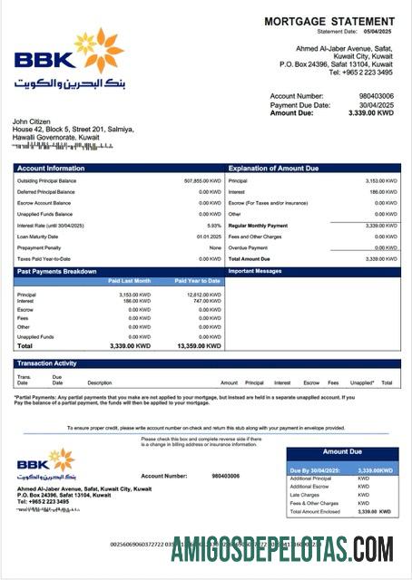 imprimível Modelo Word e PDF de declaração de hipoteca do Banco do Kuwait do Bahrein e do Kuwait